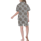 nautical wood steering wheel pattern Kids' Boys' Girls' V-Neck Short Pajama Set