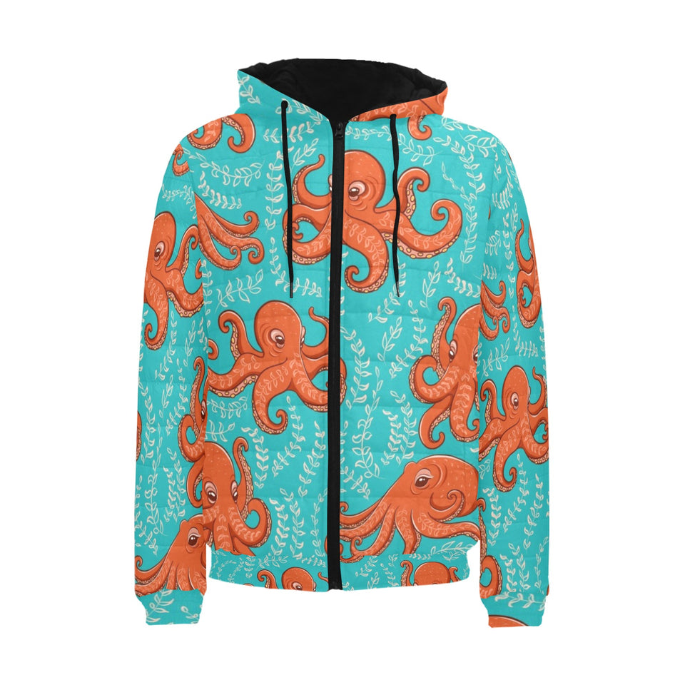 Octopus turquoise background Men's Padded Hooded Jacket