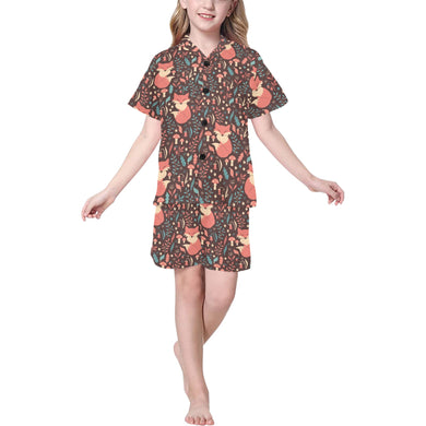 fox leaves mushroom pattern Kids' Boys' Girls' V-Neck Short Pajama Set