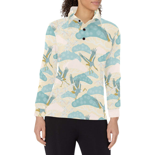 Bonsai bamboo stork japanese pattern cream theme Women's Long Sleeve Polo Shirt
