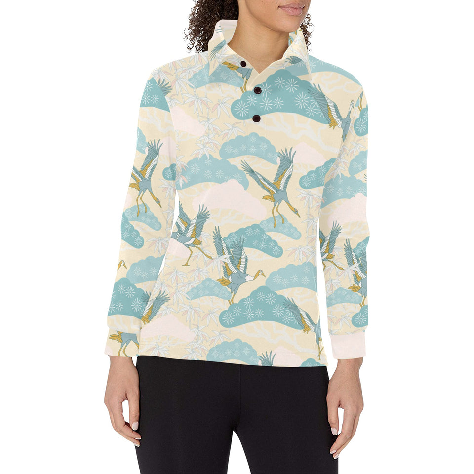 Bonsai bamboo stork japanese pattern cream theme Women's Long Sleeve Polo Shirt