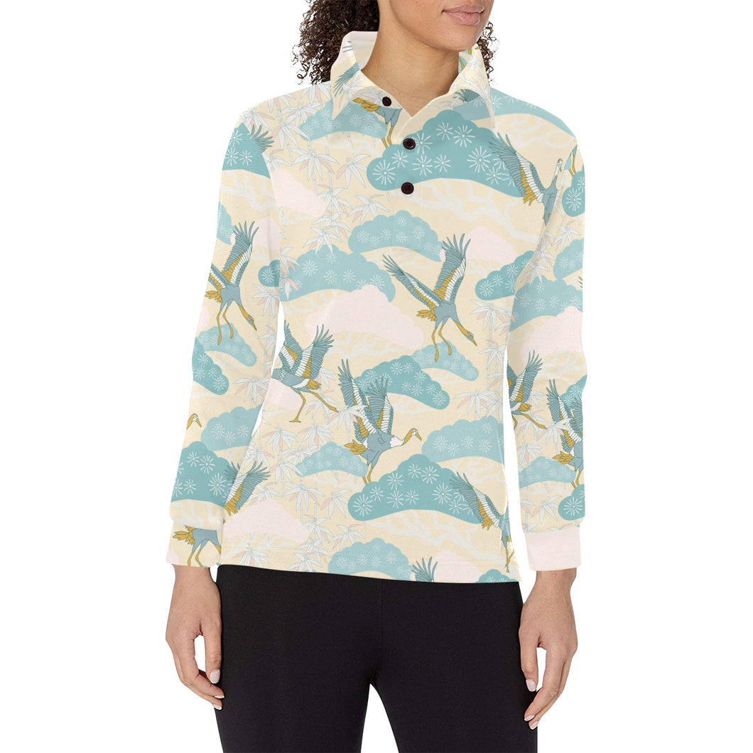 Bonsai bamboo stork japanese pattern cream theme Women's Long Sleeve Polo Shirt