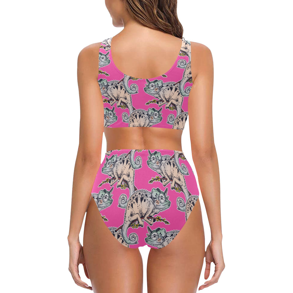 Chameleon lizard pattern pink background Chest Bowknot High Waisted Bikini Swimsuit