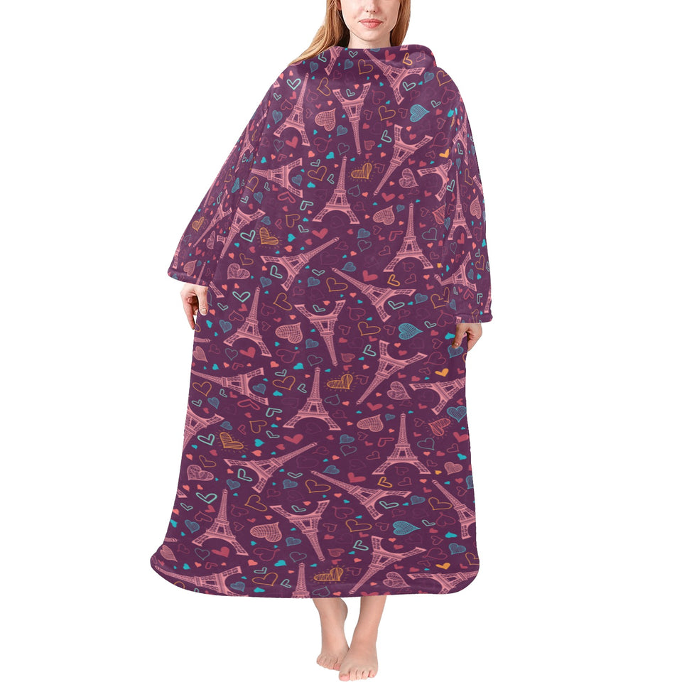 Eiffel Tower Heart Pattern Print Design 04 Blanket Robe with Sleeves