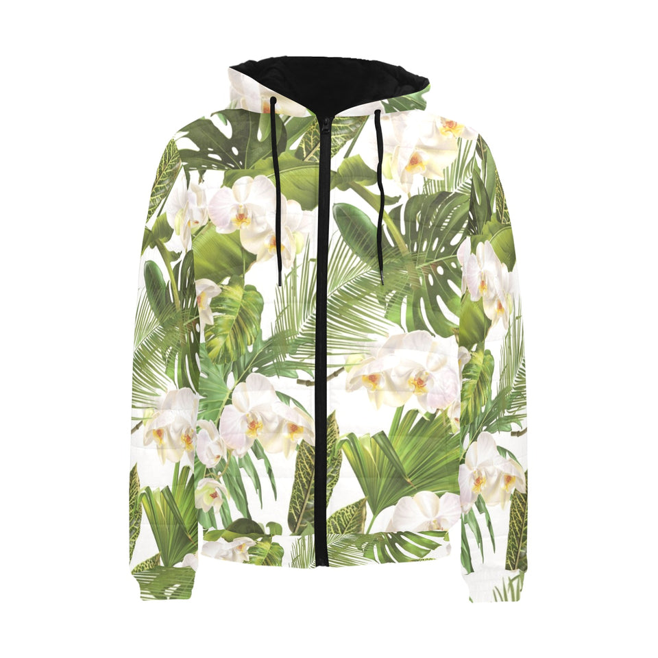White orchid flower tropical leaves pattern Men's Padded Hooded Jacket