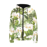 White orchid flower tropical leaves pattern Men's Padded Hooded Jacket