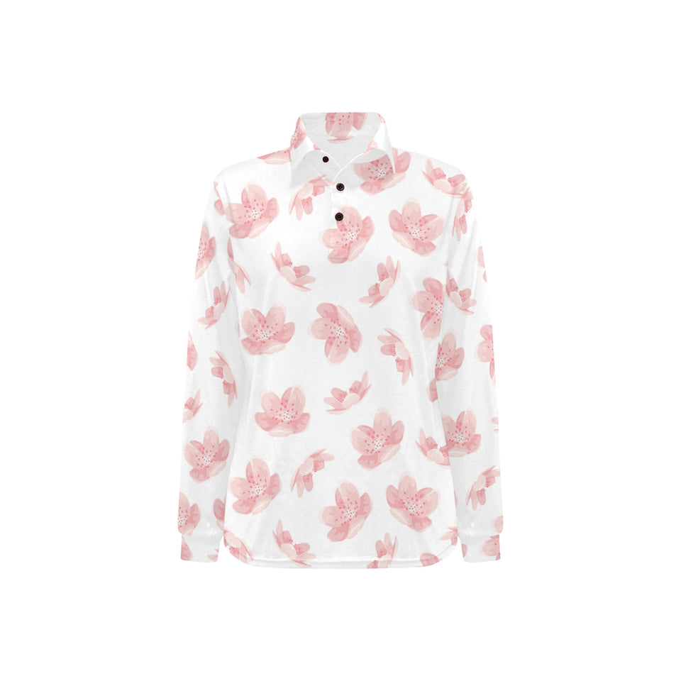 Pink sakura cherry blossom pattern Women's Long Sleeve Polo Shirt