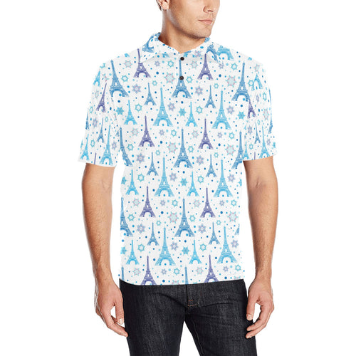 Blue Eiffel Tower Theme Pattern Print Design 01 Men's All Over Print Polo Shirt