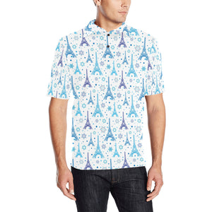 Blue Eiffel Tower Theme Pattern Print Design 01 Men's All Over Print Polo Shirt