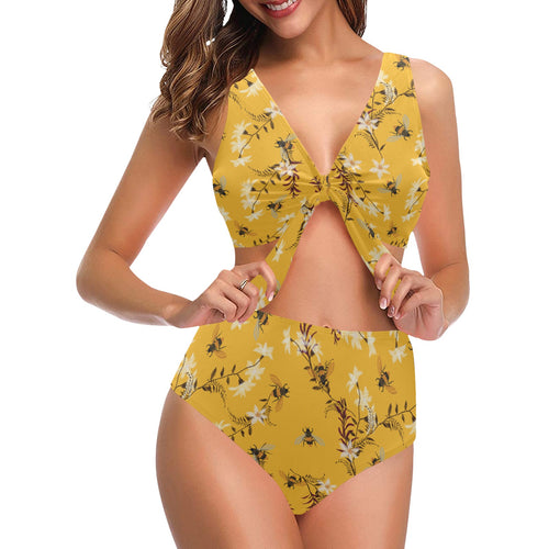 Bee flower pattern Chest Bowknot High Waisted Bikini Swimsuit