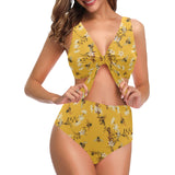 Bee flower pattern Chest Bowknot High Waisted Bikini Swimsuit