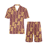 Hand drawn gold saxophone red background Men's V-Neck Short Pajama Set