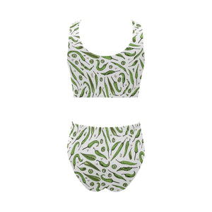 Hand drawn sketch style green Chili peppers patter Chest Bowknot High Waisted Bikini Swimsuit