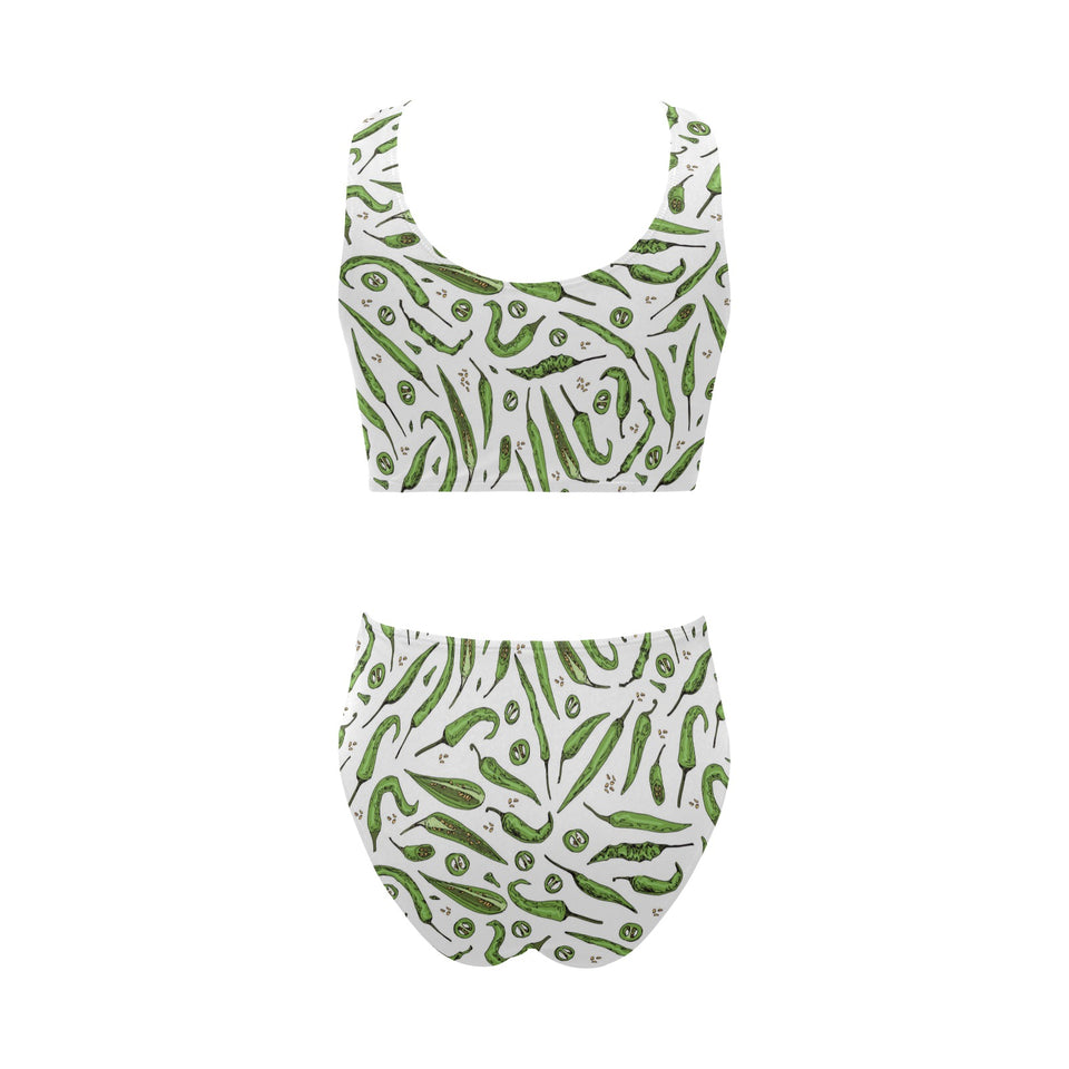Hand drawn sketch style green Chili peppers patter Chest Bowknot High Waisted Bikini Swimsuit