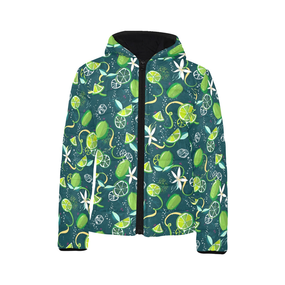 Lime ice flower pattern Kids' Boys' Girls' Padded Hooded Jacket