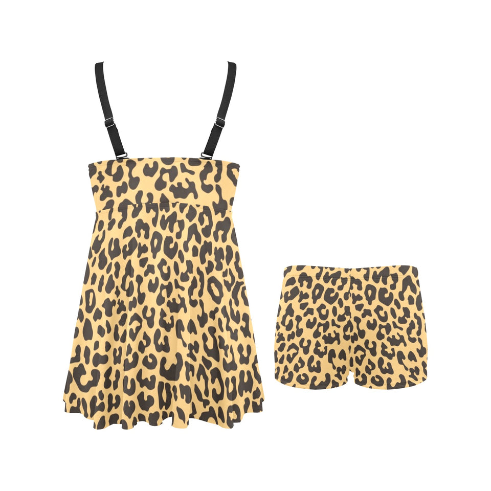 Leopard skin print Chest Sexy Pleated Two Piece Swim Dress