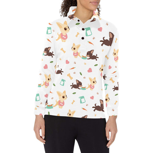 Cute Chihuahua puppie pattern Women's Long Sleeve Polo Shirt