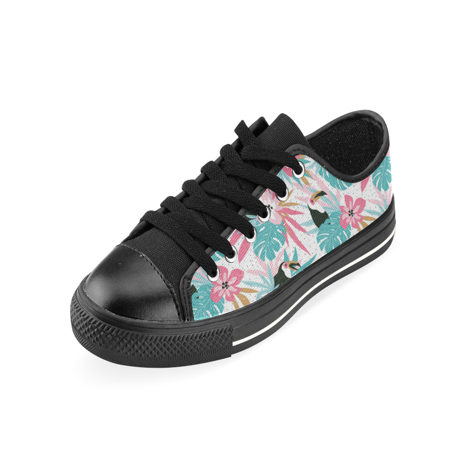 Toucan tropical flower leave pattern Men's Low Top Canvas Shoes Black