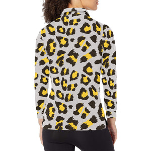 Gray Leopard print pattern Women's Long Sleeve Polo Shirt