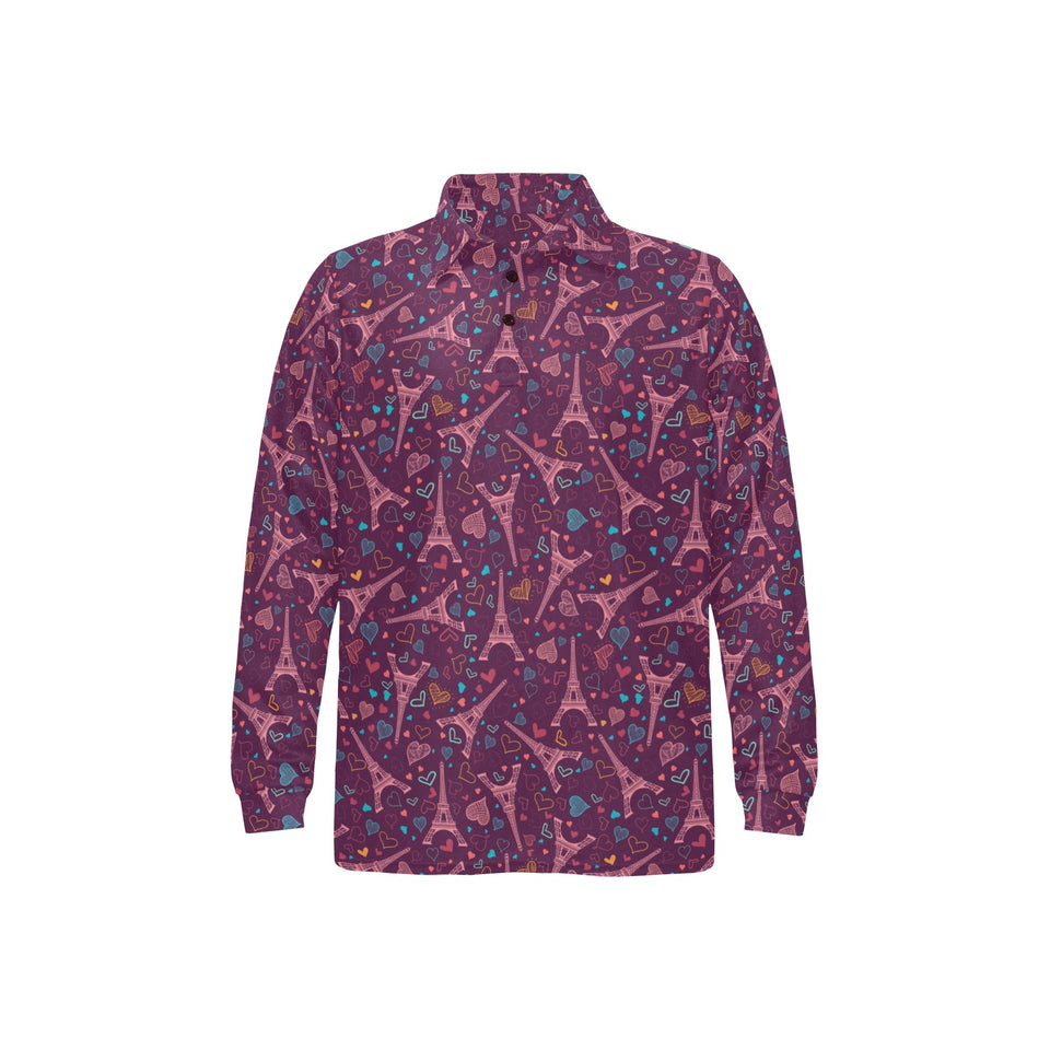 Eiffel Tower Heart Pattern Print Design 04 Men's Long Sleeve Polo Shirt