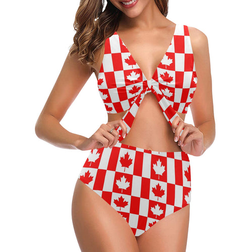 Canada Pattern Print Design 05 Chest Bowknot High Waisted Bikini Swimsuit