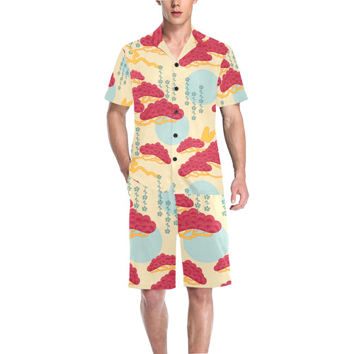 Red Bonsai gray sun japanese pattern Men's V-Neck Short Pajama Set