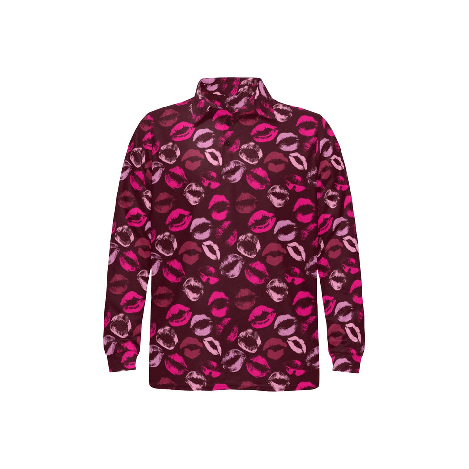 Lips Pattern Print Design 03 Men's Long Sleeve Polo Shirt