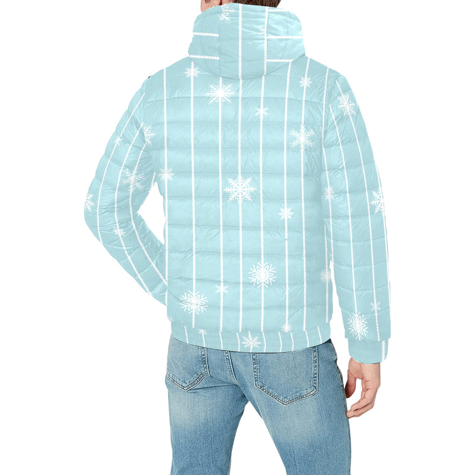 Snowflake pattern blue stripe background Men's Padded Hooded Jacket