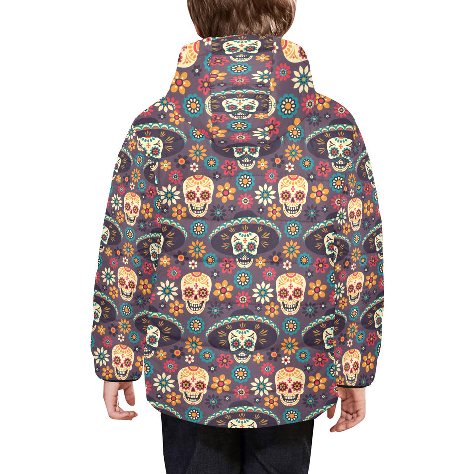 Sugar skulls flower maxican pattern Kids' Boys' Girls' Padded Hooded Jacket