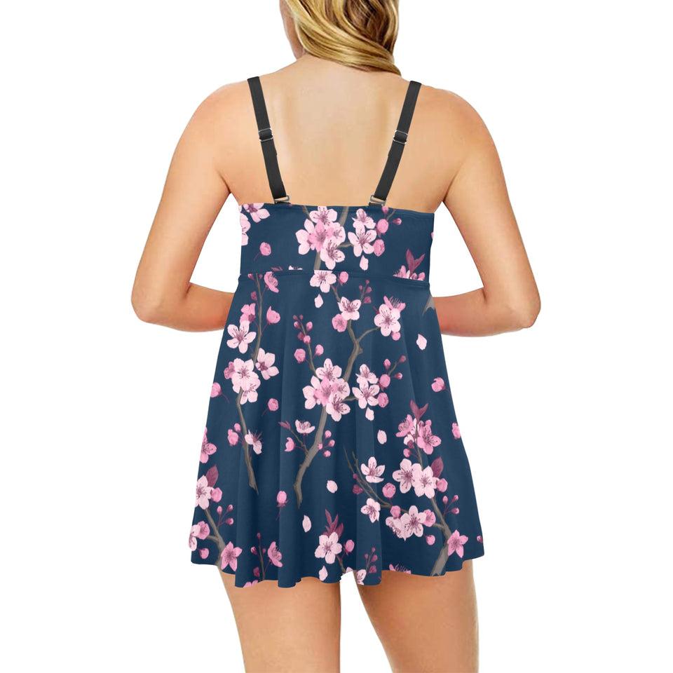 Pink sakura cherry blossom blue background Chest Sexy Pleated Two Piece Swim Dress