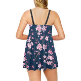 Pink sakura cherry blossom blue background Chest Sexy Pleated Two Piece Swim Dress