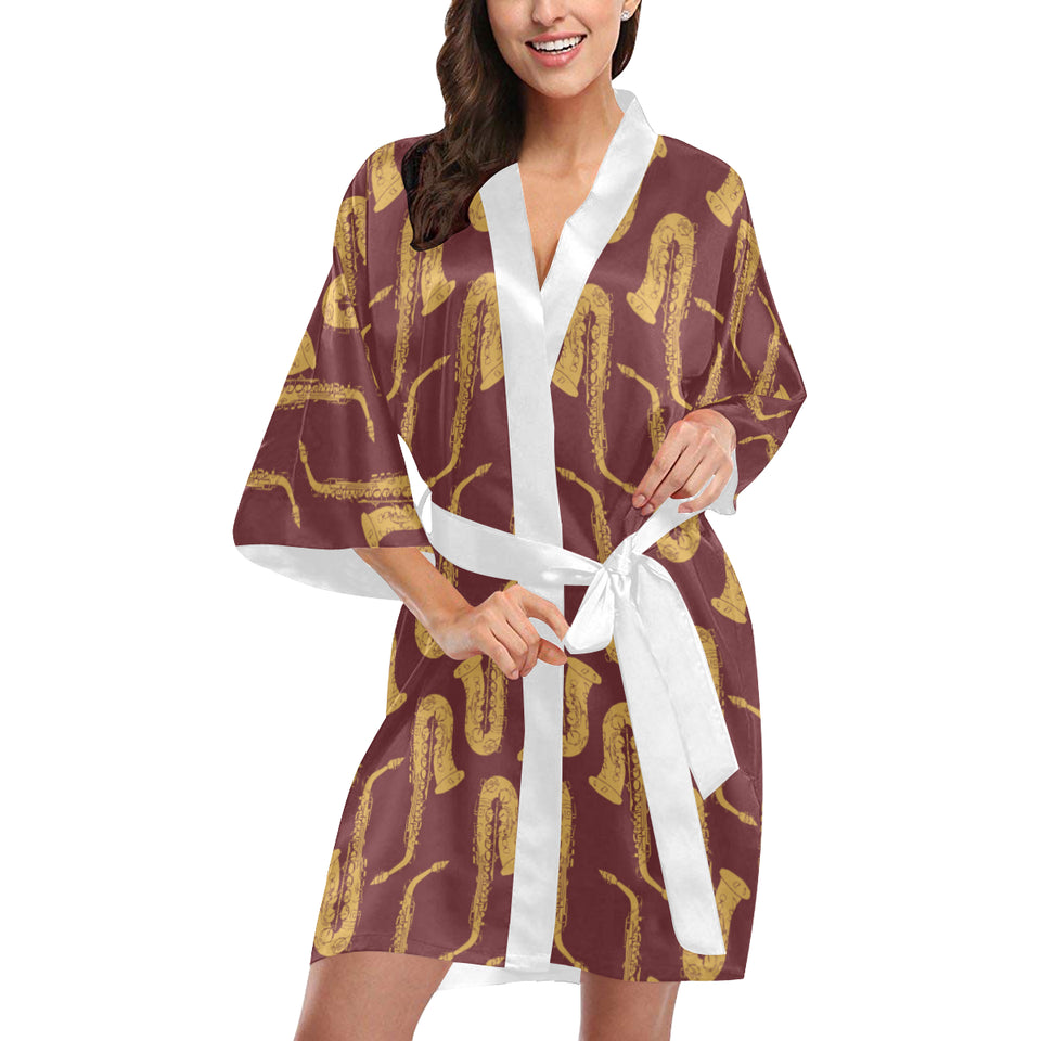 Hand drawn gold saxophone red background Women's Short Kimono Robe