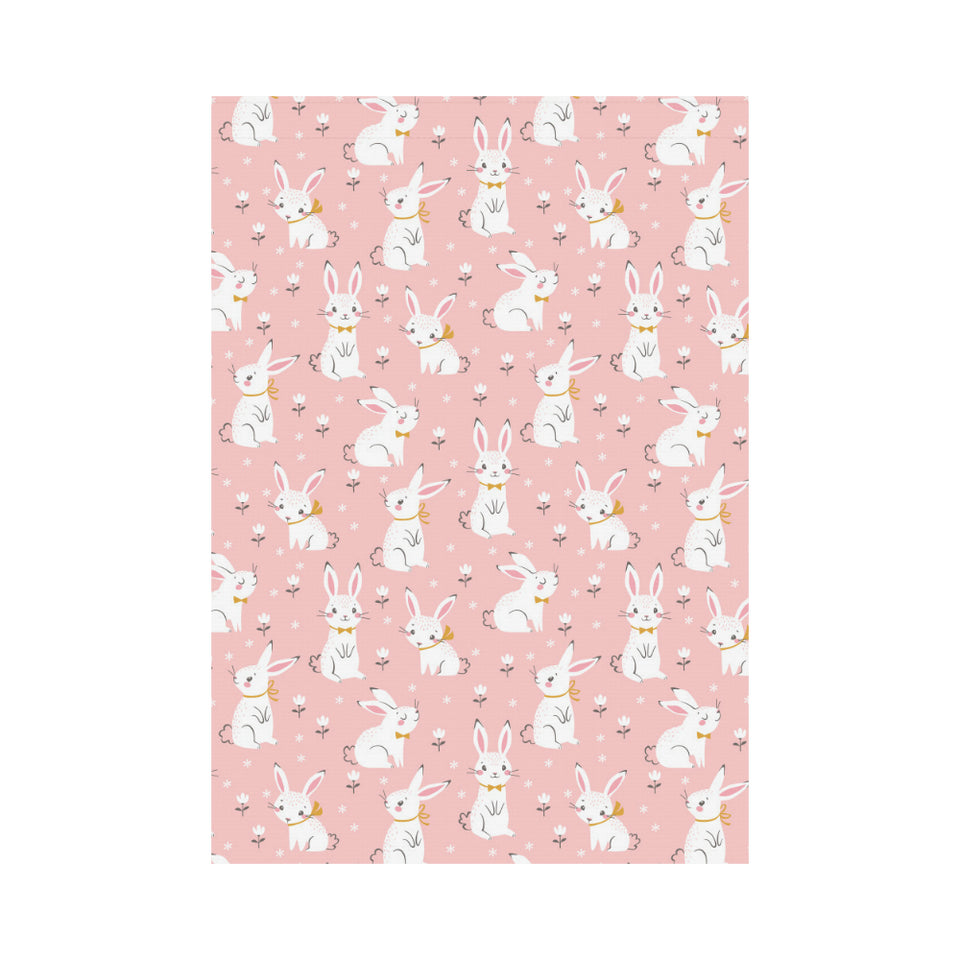 Cute white rabbit flower pink background House Flag Garden Flag