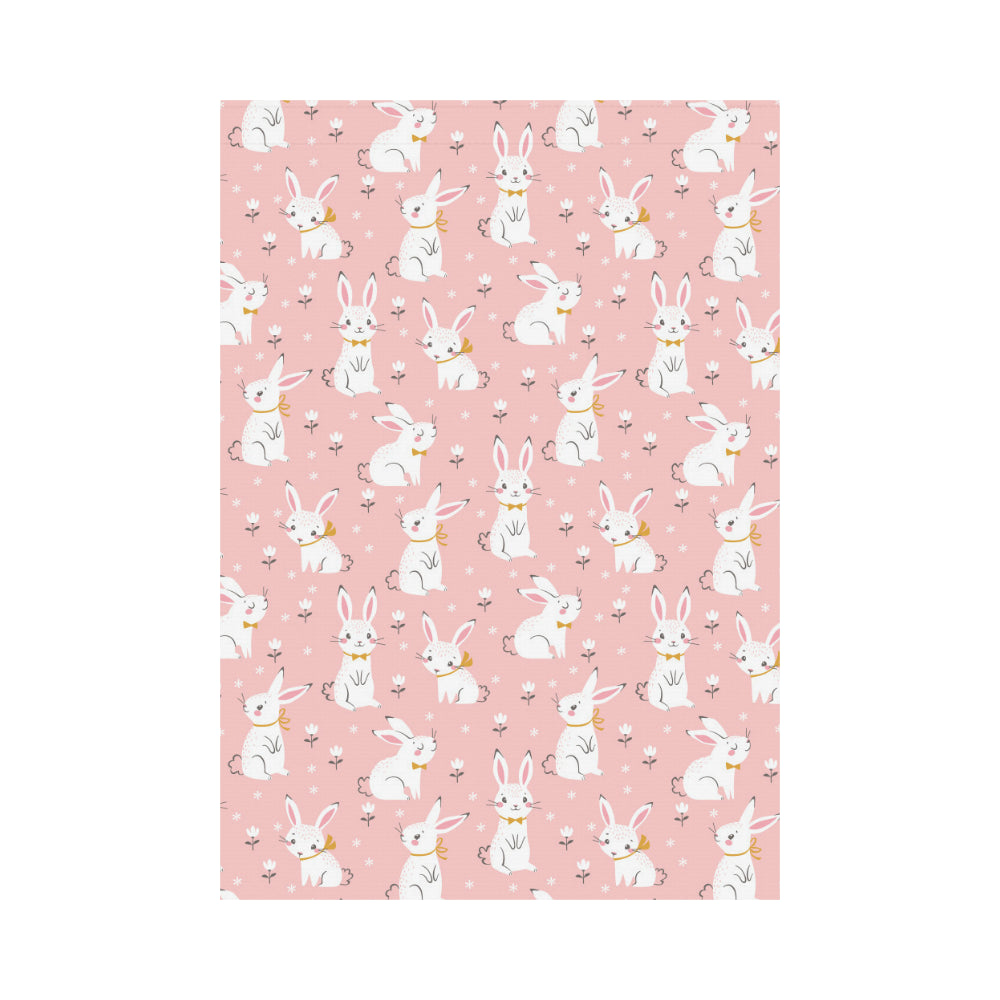 Cute white rabbit flower pink background House Flag Garden Flag