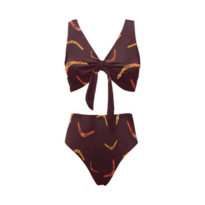 Boomerang Australian aboriginal ornament circle bl Chest Bowknot High Waisted Bikini Swimsuit