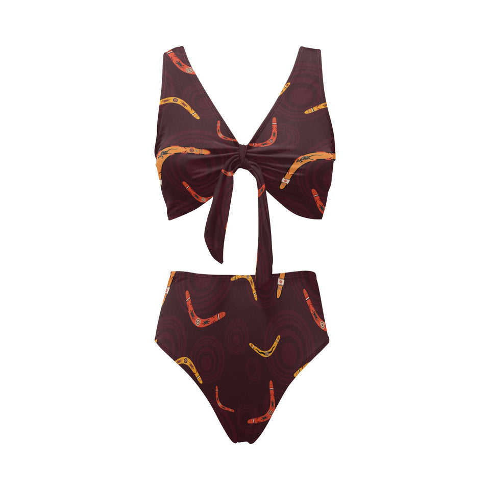 Boomerang Australian aboriginal ornament circle bl Chest Bowknot High Waisted Bikini Swimsuit