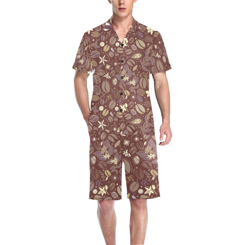 Coffee bean flower pattern Men's V-Neck Short Pajama Set
