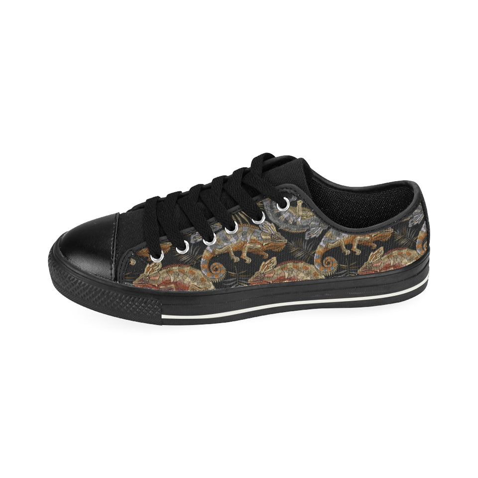 Chameleon lizard tropical leaves palm tree Men's Low Top Canvas Shoes Black
