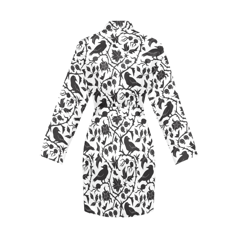 Crow dark floral pattern Women's Long Sleeve Belted Night Robe