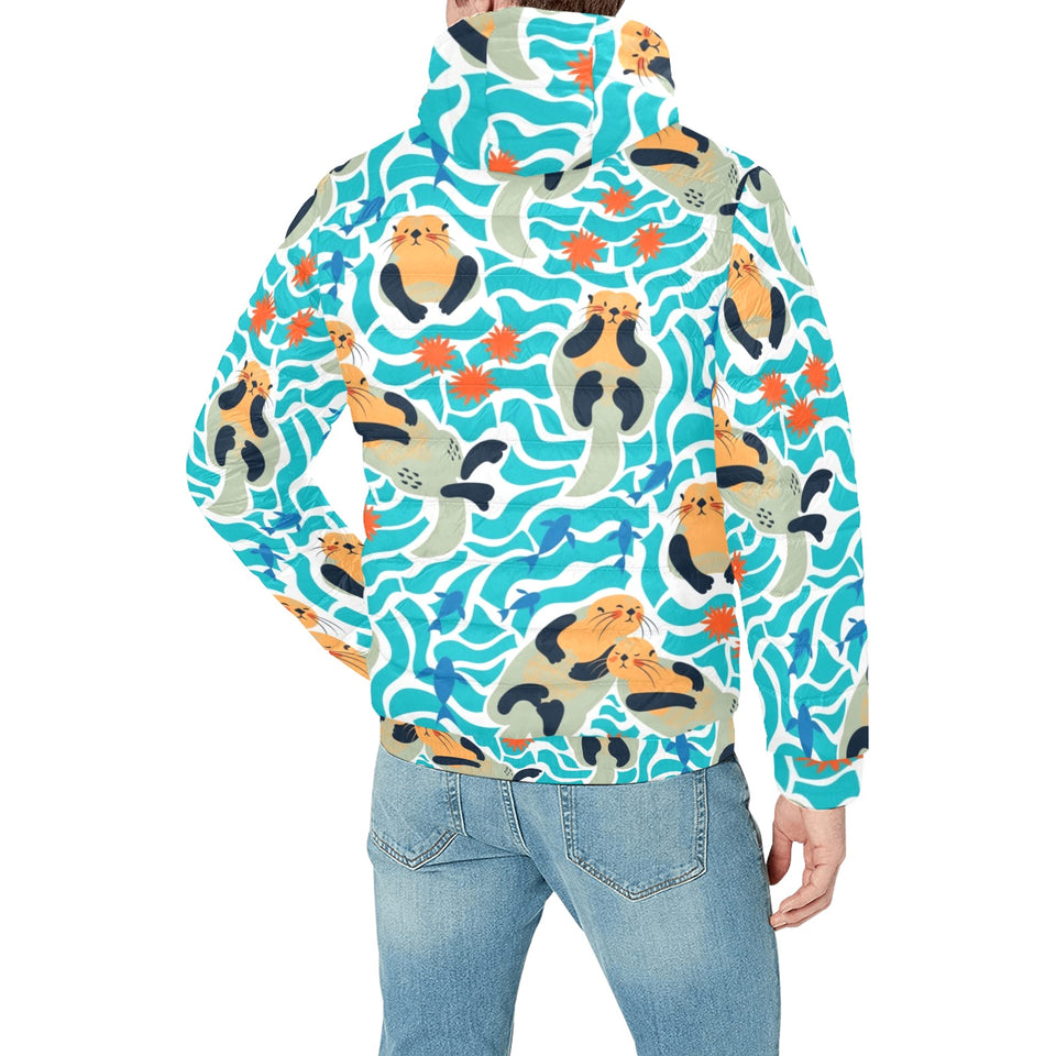 Cute sea otters fishe sea urchin pattern Men's Padded Hooded Jacket