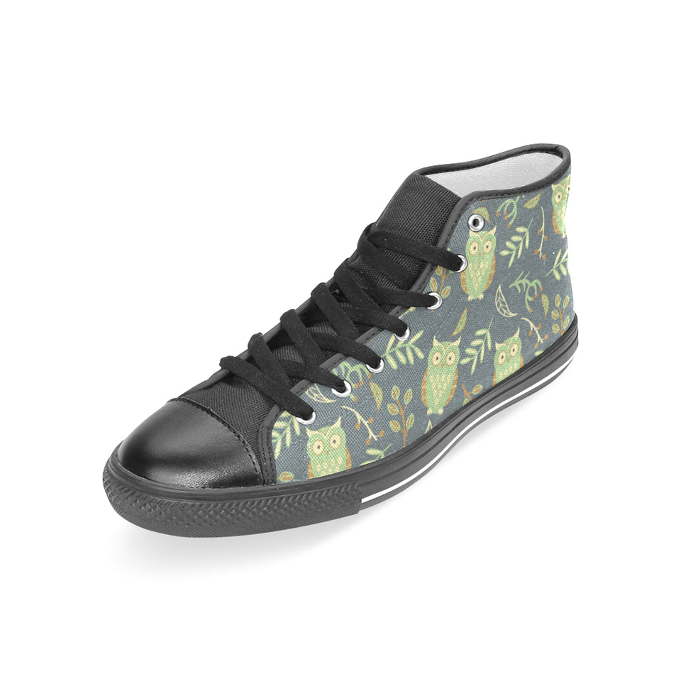 Cute owls leaves pattern Women's High Top Canvas Shoes Black