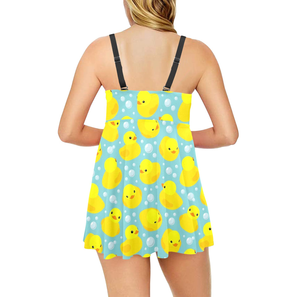 Duck Pattern Print Design 03 Chest Sexy Pleated Two Piece Swim Dress