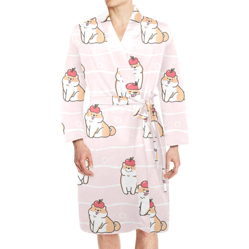 Cute Shiba Inu Dog Apple pattern Men's Long Sleeve Belted Night Robe