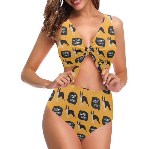 Boston terrier design pattern Chest Bowknot High Waisted Bikini Swimsuit
