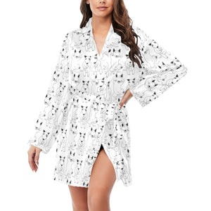 Bull Terrier Pattern Print Design 02 Women's Long Sleeve Belted Night Robe