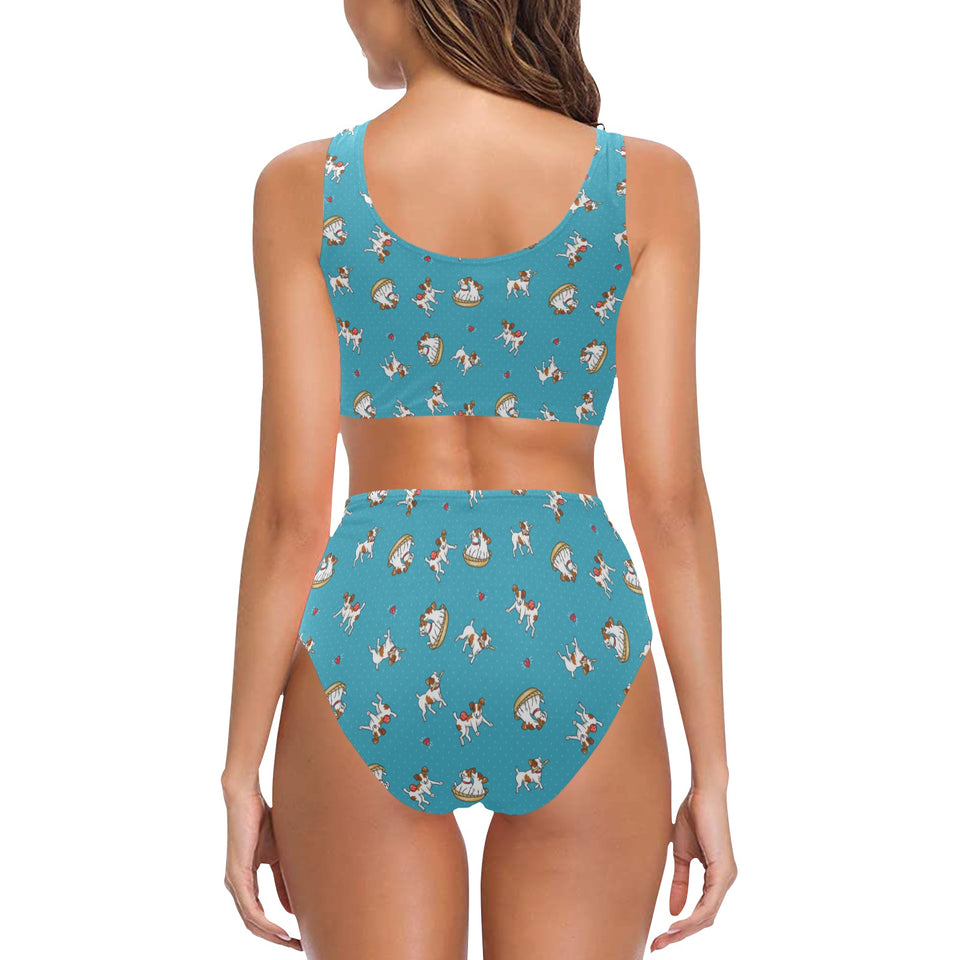 Jack Russel Pattern Print Design 03 Chest Bowknot High Waisted Bikini Swimsuit