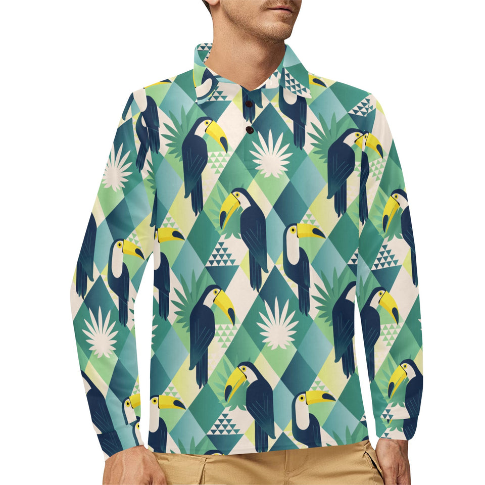 Toucan tropical leaves design pattern Men's Long Sleeve Polo Shirt