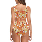 Orange yellow orchid flower pattern background Chest Bowknot High Waisted Bikini Swimsuit