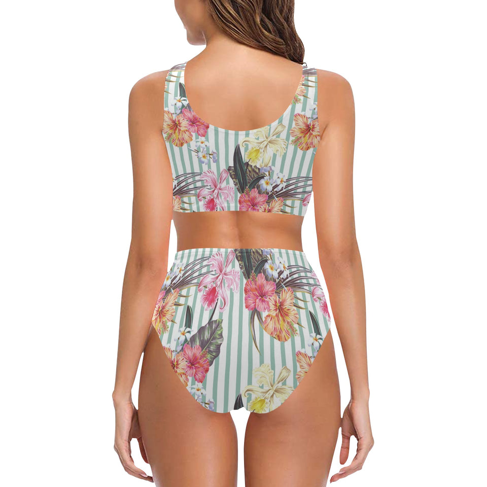 Colorful orchid flower pattern Chest Bowknot High Waisted Bikini Swimsuit