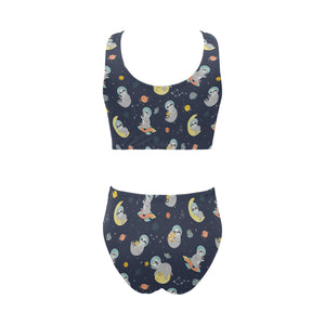 Cute sloth astronaut star planet rocket pattern Chest Bowknot High Waisted Bikini Swimsuit